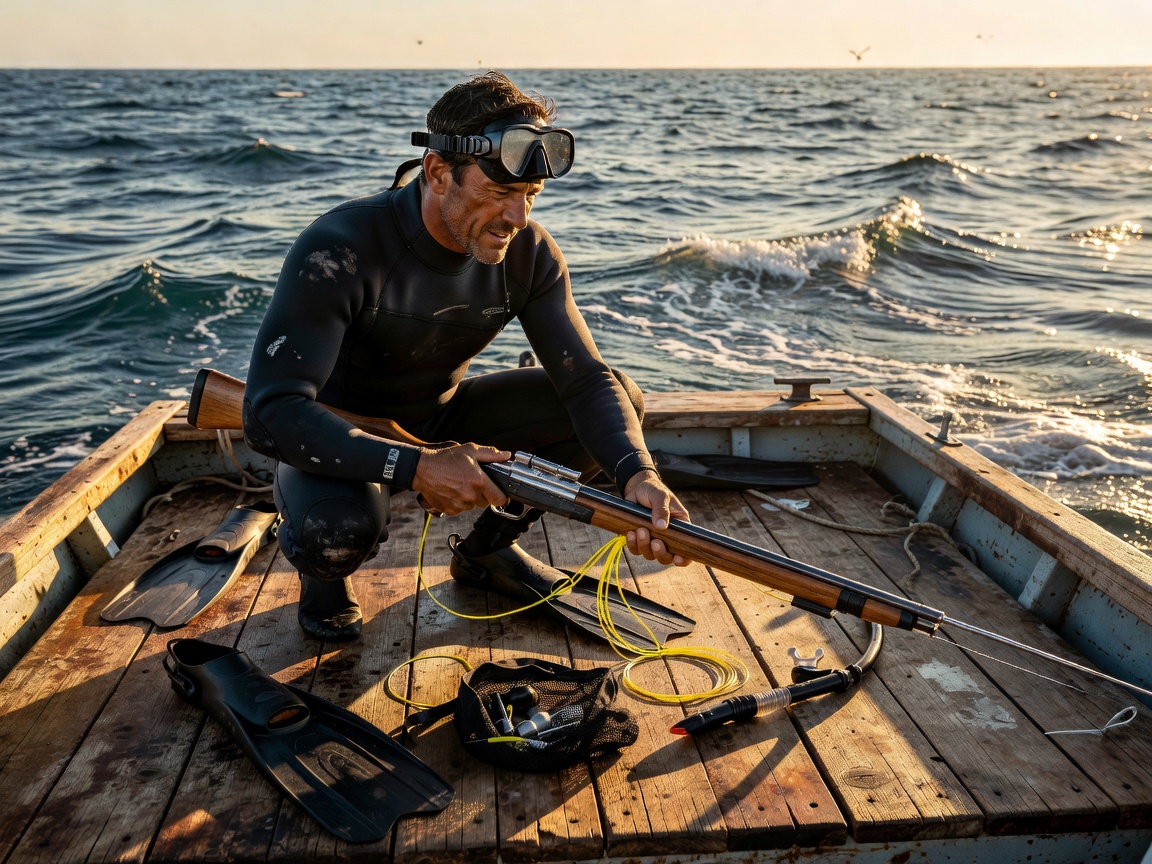 Spearfisher preparing gear on a boat deck