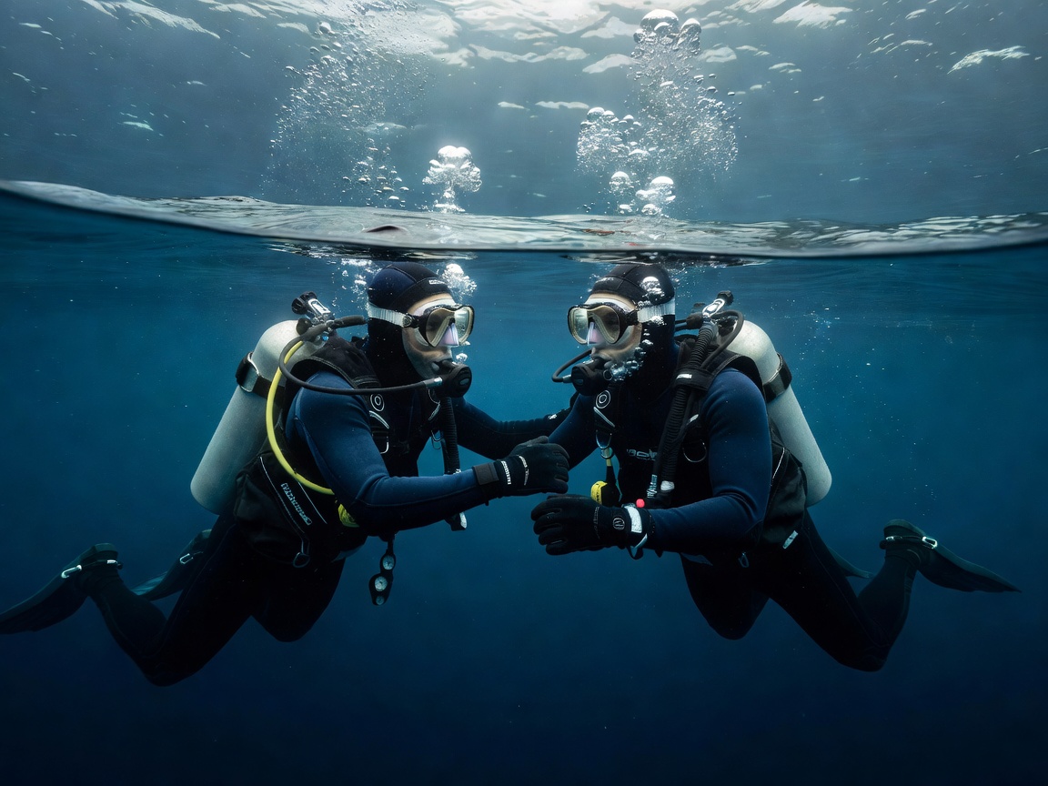 Two divers utilizing the buddy system at the surface